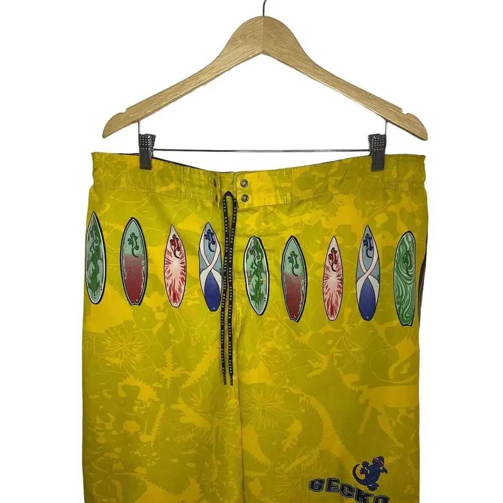 VTG Gecko Hawaii Swimming Trunk y2k 90s Novelty Yellow Beach Printed Lizard L